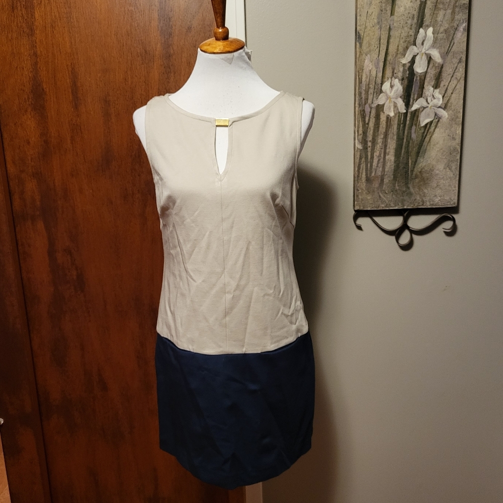 Trina Turk Colorblock Dress Tan Navy Small Sleeveless